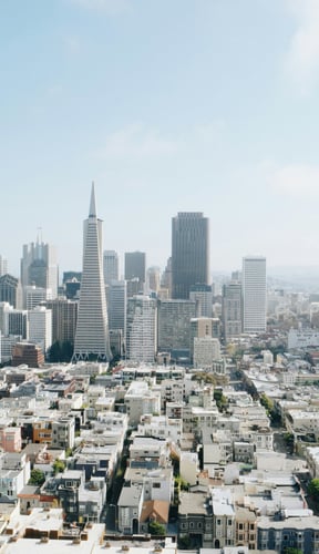 San Francisco skyline and rooftops seen from Coit Tower on a clear day